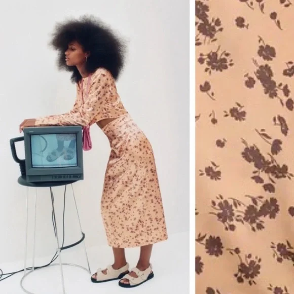 Zara gold / brown floral satin midi skirt with side slit - Picture 12 of 13